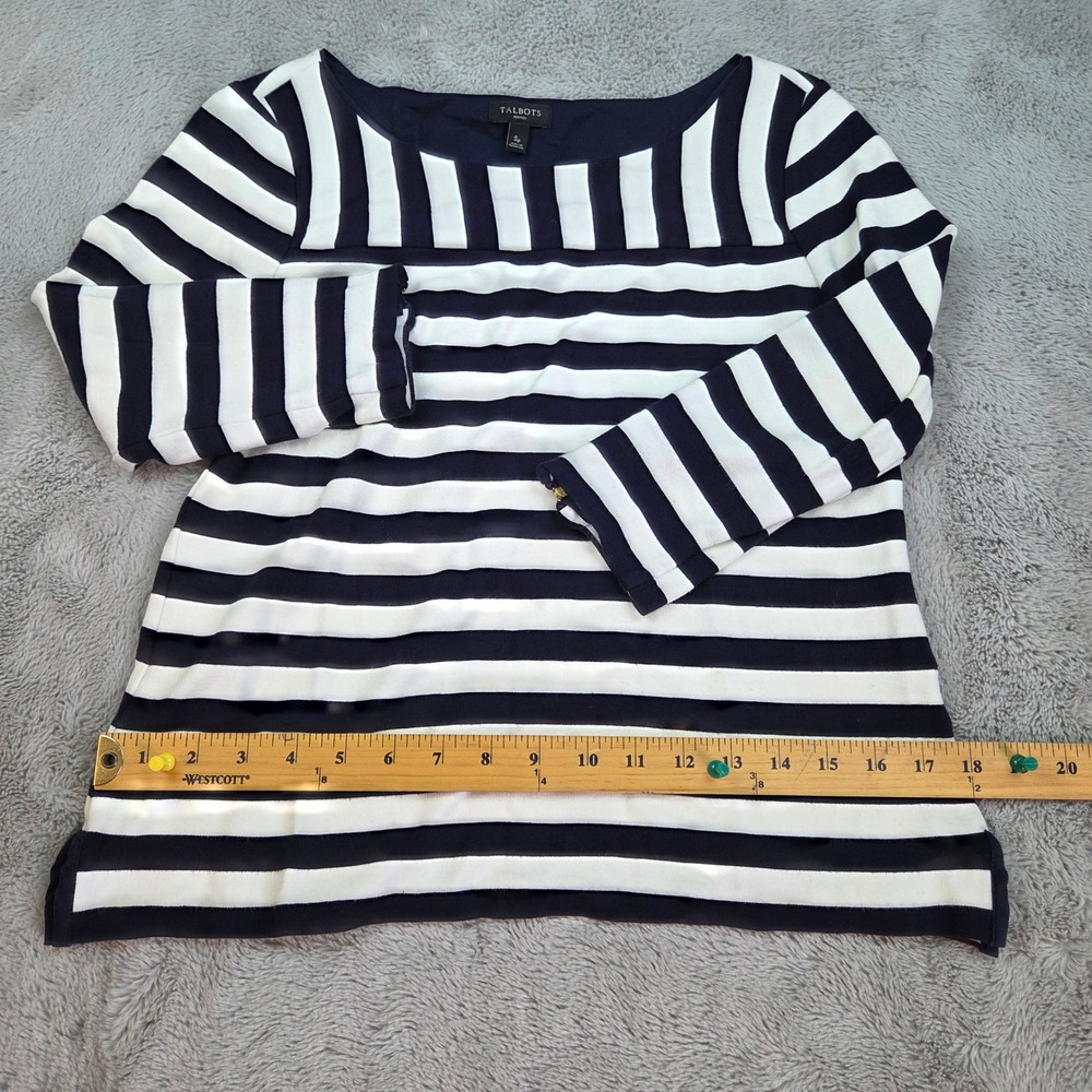 Talbots Striped Boat Neck Top Womens SP 3/4 Sleeve Gold Zipper Navy White